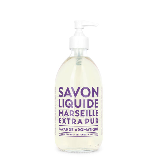 Glass Liquid Soap bottle labeled "Savon Liquide Marseille Extra pur, Lavande Aromatique"