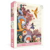 A 500-piece jigsaw puzzle box titled 'Among Flowers' by Puzzle Company, featuring a whimsical illustration of a girl in a blue dress among colorful flowers and two golden birds, shown on a clean white background.