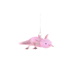 Pink axolotl ornament on a white background