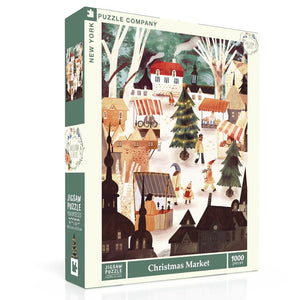 Jigsaw puzzle box with Christmas market design on a white background