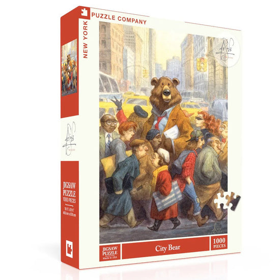 Jigsaw puzzle box with illustration of bears in a cityscape and 'New York Puzzle Company' branding.