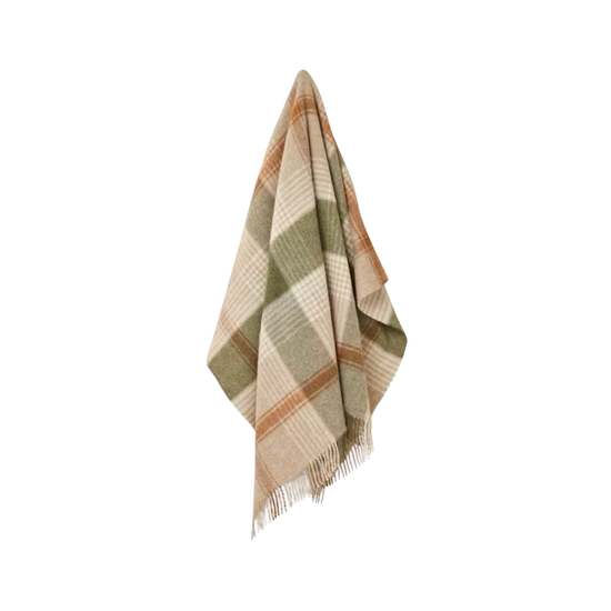 Plaid blanket with green and brown pattern on a white background