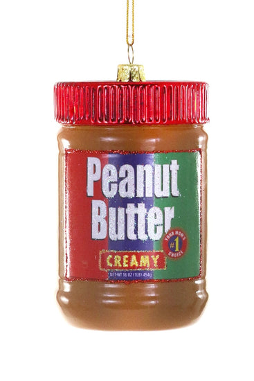 Peanut butter jar ornament with red lid on a white background
