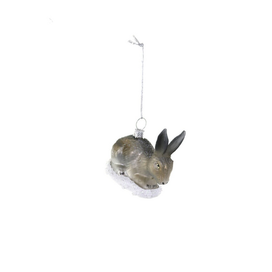 Gray rabbit ornament hanging on a white background