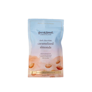 Package of dark chocolate caramelized almonds on a white background