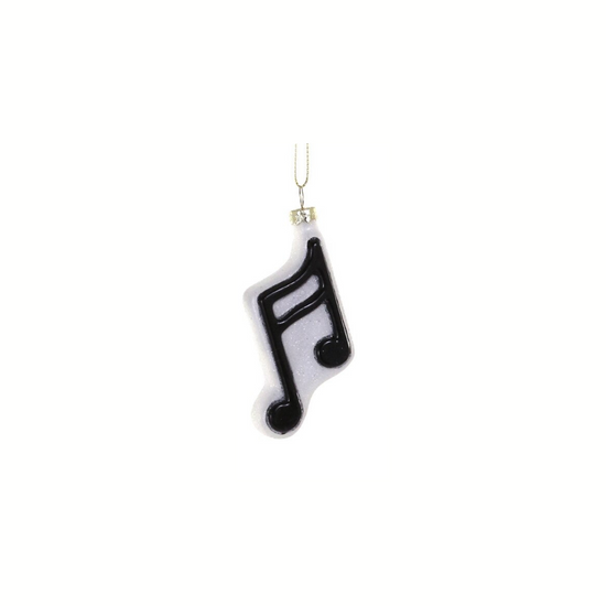 Black musical note ornament on a white background