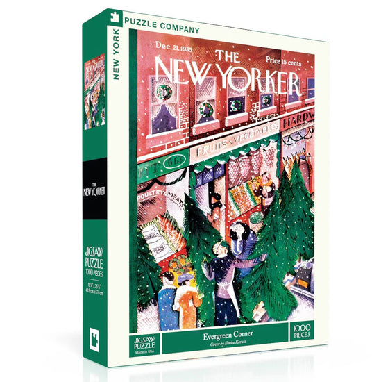 Jigsaw puzzle box featuring a New York-themed design with a Christmas scene.