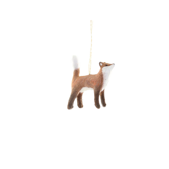Felt fox ornament hanging on a white background