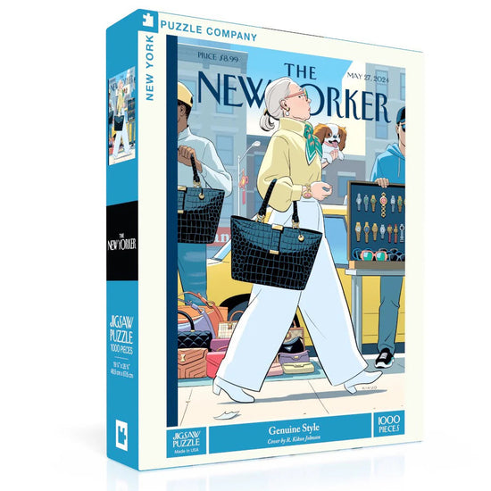 Puzzle box featuring an illustration of a woman with a handbag, with 'The New Yorker' branding.