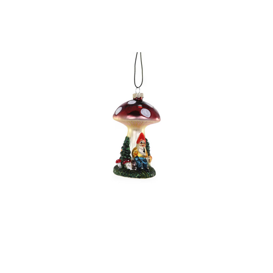 Decorative mushroom ornament with a gnome on a white background