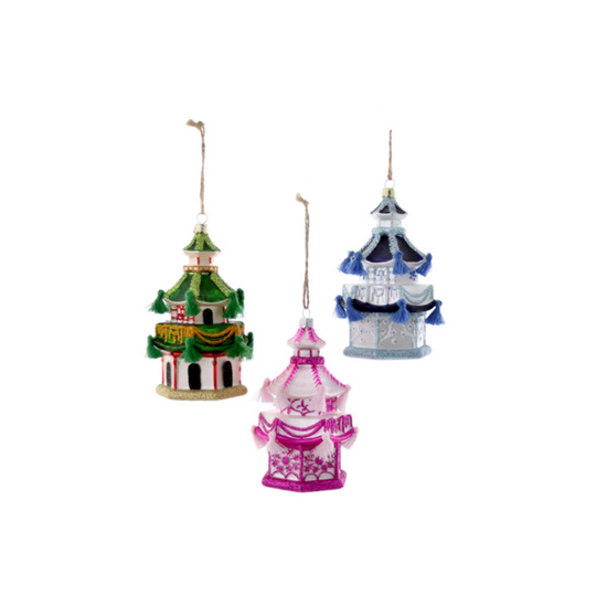 Set of 3 colorful pagoda-shaped Christmas ornaments on a white background