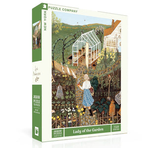 Jigsaw puzzle box titled 'Lady of the Garden' by New York Puzzle Company on a white background
