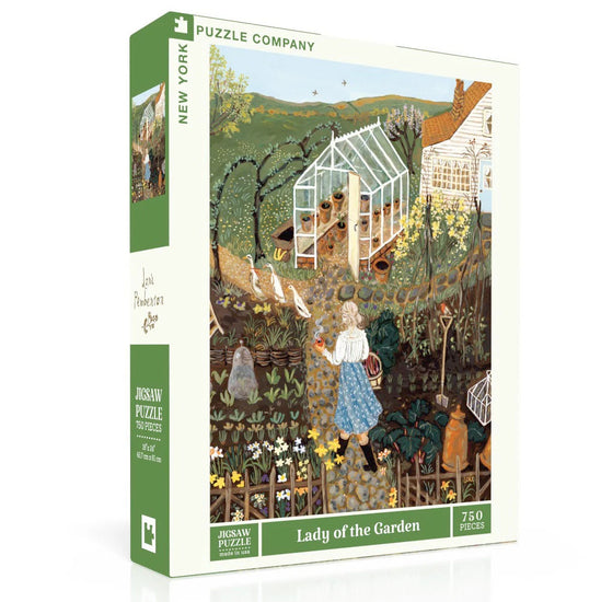 Jigsaw puzzle box titled 'Lady of the Garden' by New York Puzzle Company on a white background