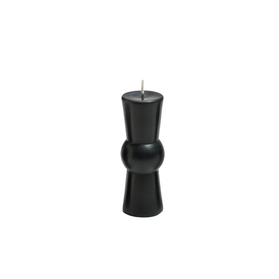 A black novelty candle with a unique hourglass-like silhouette and a single wick, centered on a plain white background.