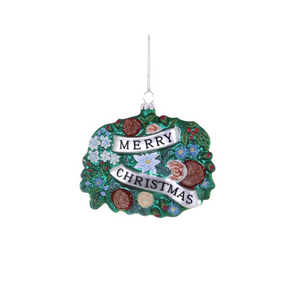 Decorative Christmas ornament with 'Merry Christmas' text on a white background