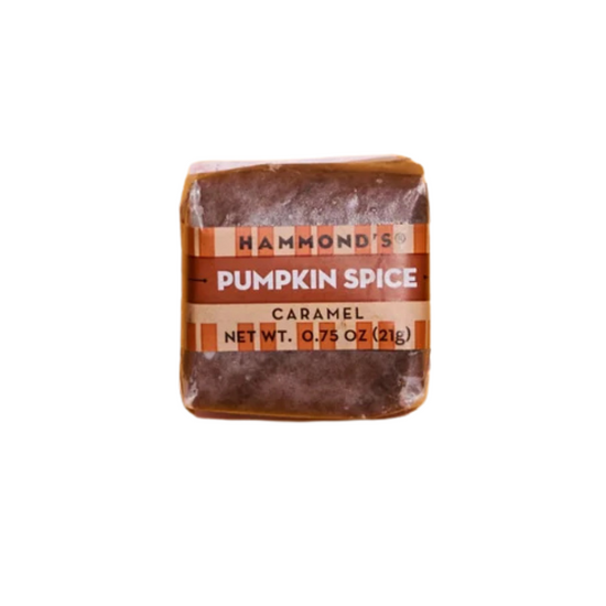 A single square package of Hammond's Pumpkin Spice Caramel, shown on a plain white background.