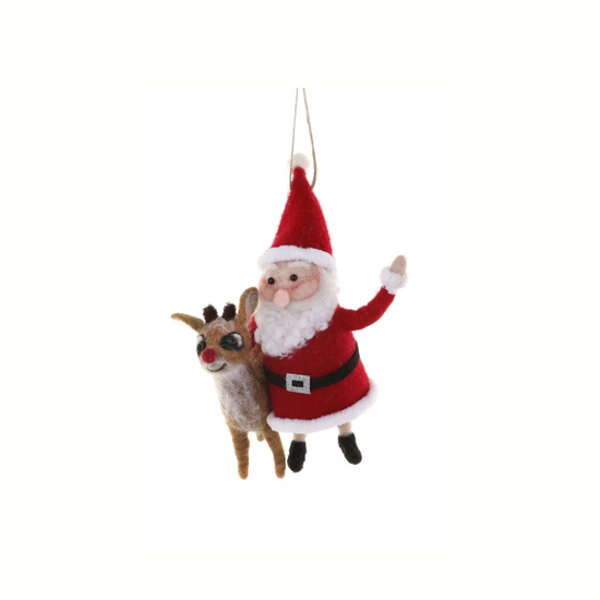 Decorative hanging ornament of Santa Claus with a reindeer on a white background
