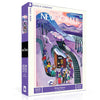 Jigsaw puzzle box featuring a winter scene with people around a train, titled 'Skiing Express'.