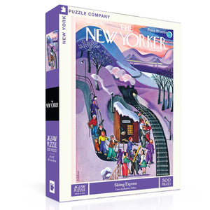 Jigsaw puzzle box featuring a winter scene with people around a train, titled 'Skiing Express'.