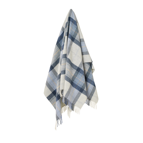 Plaid blanket with blue and white pattern on a white background
