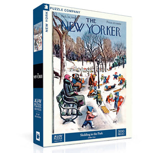 Jigsaw puzzle box featuring a New Yorker magazine cover with people sledding in a park.