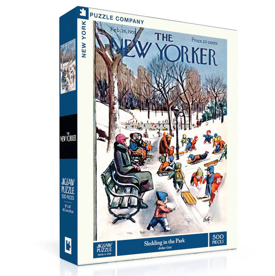 Jigsaw puzzle box featuring a New Yorker magazine cover with people sledding in a park.