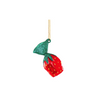 Strawberry-shaped ornament with green leaves on a white background