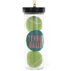 Clear container with two green tennis balls and a label on a white background