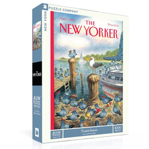Jigsaw puzzle box featuring 'The New Yorker' magazine cover with birds on a dock.