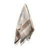 Plaid blanket with beige, brown, and gray colors on a white background