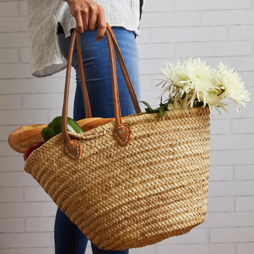 Best Round straw bag French Baskets Tote Handbags 2 leather handle