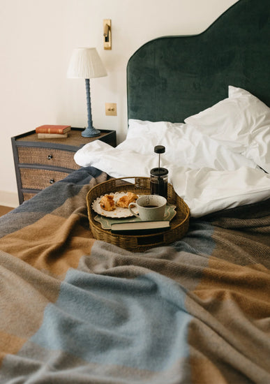 Recycled Wool Blanket, Blue Herringbone Block Check