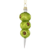 A Christmas ornament designed to look like a cluster of green olives with red speckles, hanging from a metal wire.
