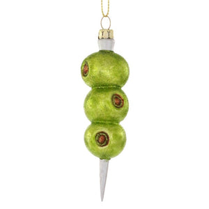A Christmas ornament designed to look like a cluster of green olives with red speckles, hanging from a metal wire.