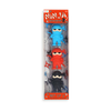 A set of three ninja erasers dressed in blue, red, and black.