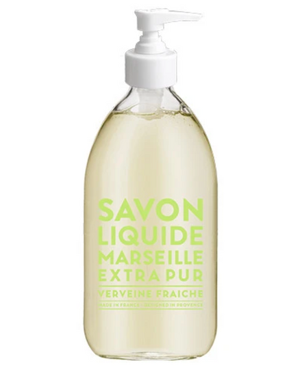 Glass Liquid Soap bottle labeled "Savon Liquide Marseille Extra pur, Verveine Fraiche"