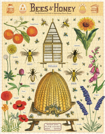 Bees and Honey puzzle by Cavallini & Co. An assortment of bees and flowers and fruit with a beehive in the center
