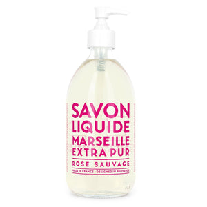 Glass Liquid Soap bottle labeled "Savon Liquide Marseille Extra pur, Rose Sauvage" 